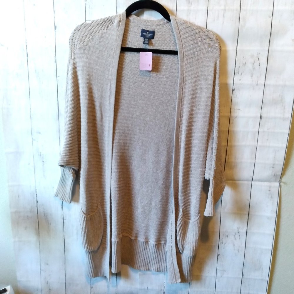EUC American Eagle Cardigan Sweater Open Front Knit, Tan, Women Size XS / Small
